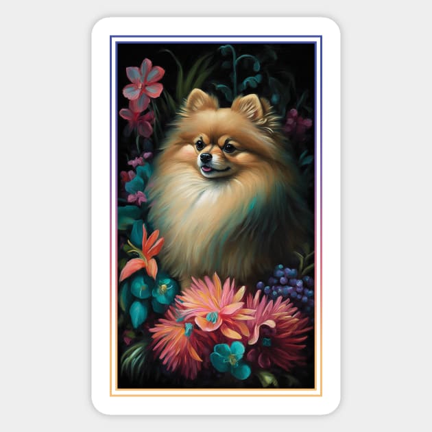 Pomeranian Dog Vibrant Tropical Flower Tall Digital Oil Painting Portrait 3